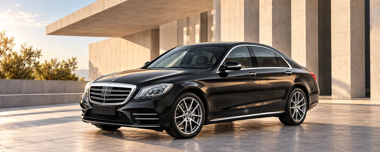 Mercedes-Benz S550, vue extérieure complète orientée vers la gauche dans un décor architectural illustratif