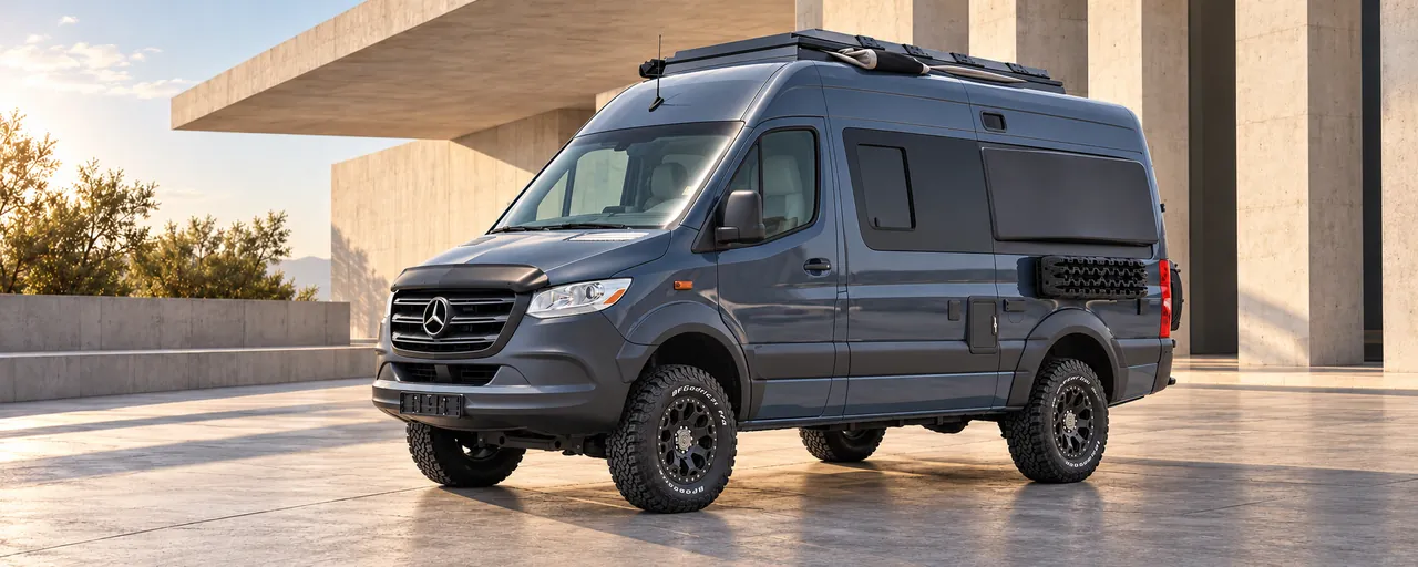 Mercedes-Benz Travel Camper, vue extérieure complète orientée vers la gauche dans un décor architectural illustratif