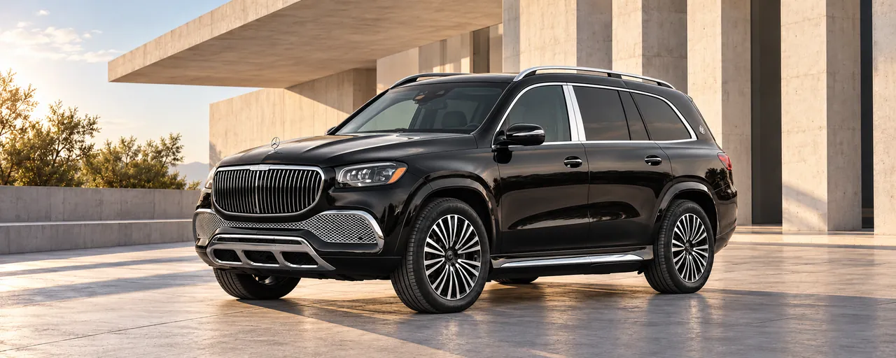 Mercedes-Maybach GLS 600, vue extérieure complète orientée vers la gauche dans un décor architectural illustratif