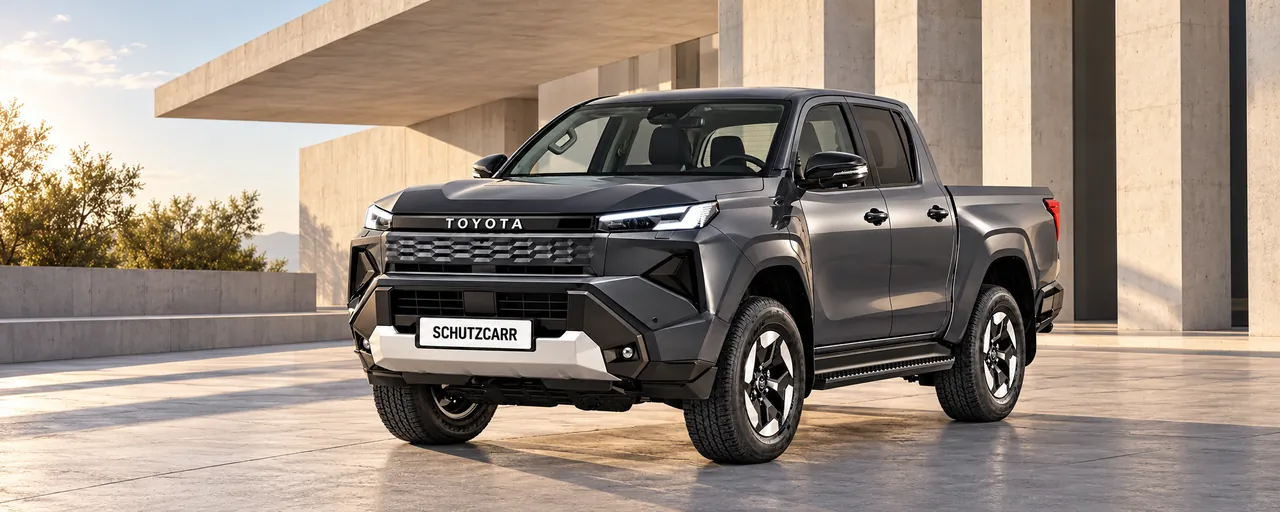 Toyota Hilux, vue extérieure complète orientée vers la gauche dans un décor architectural illustratif