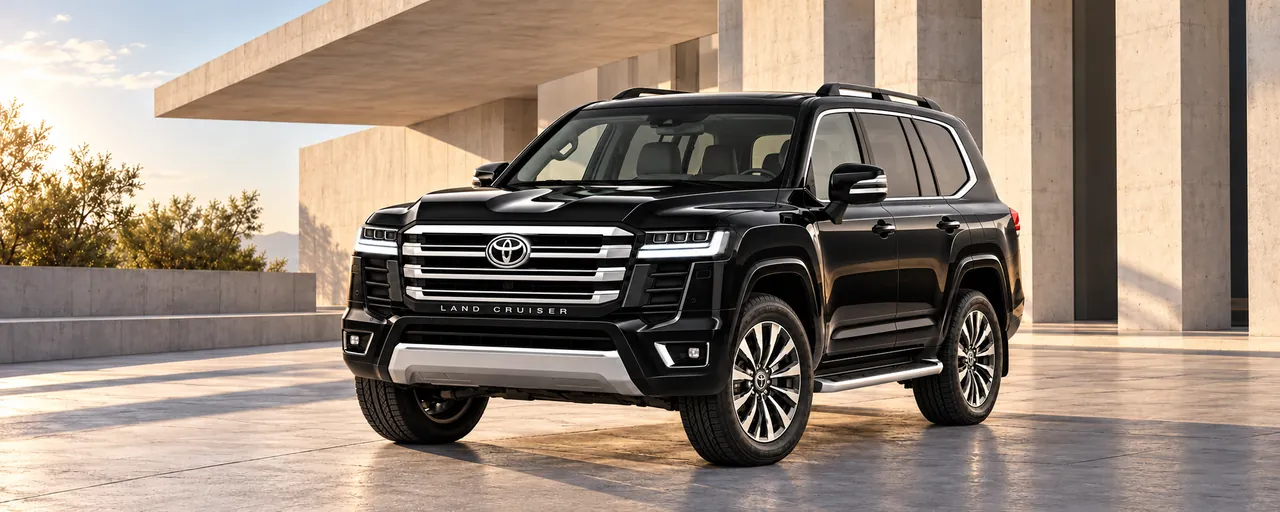 Toyota Land Cruiser 300 GXR, vue extérieure complète orientée vers la gauche dans un décor architectural illustratif