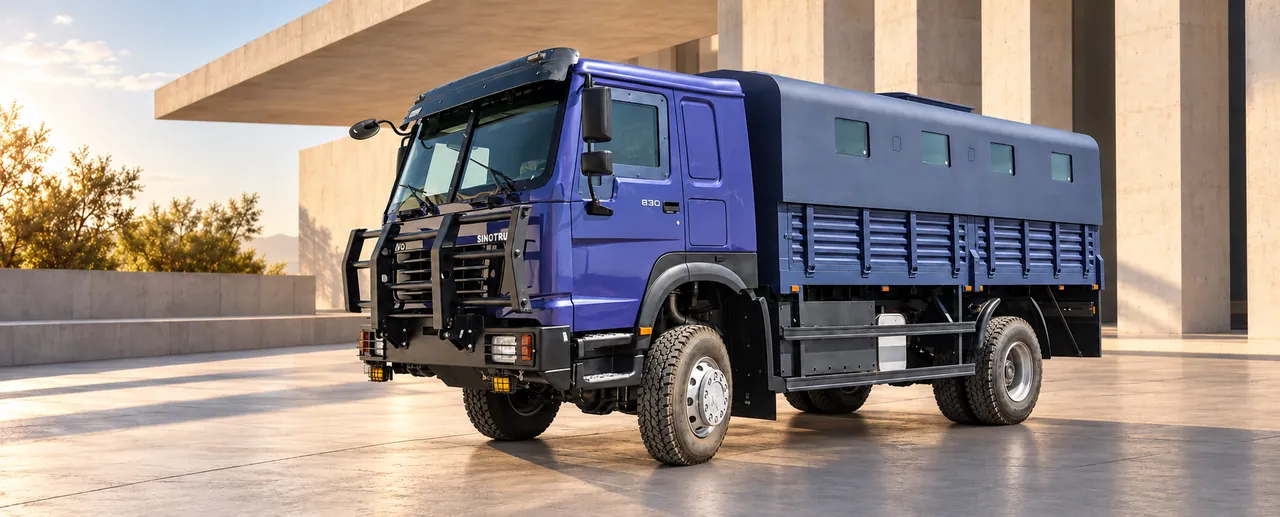 Troop Carrier Truck TCT، منظر خارجي كامل باتجاه اليسار في مشهد معماري تصوّري