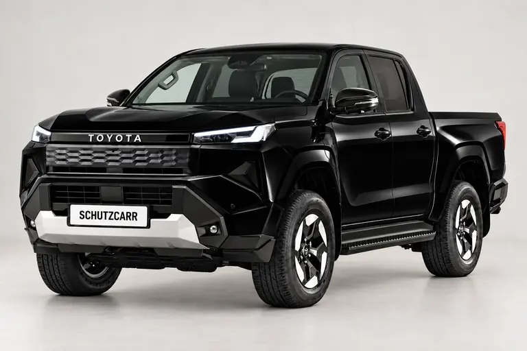 Toyota Hilux noir, vue extérieure complète orientée vers la gauche en studio