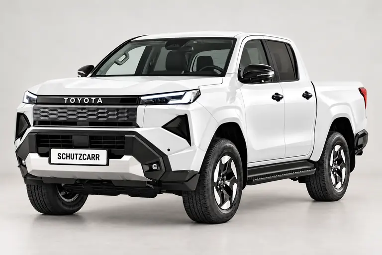 Toyota Hilux blanc, vue extérieure complète orientée vers la gauche en studio