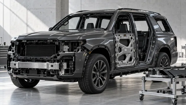 Illustration of a vehicle body and door assembly in a clean studio bay