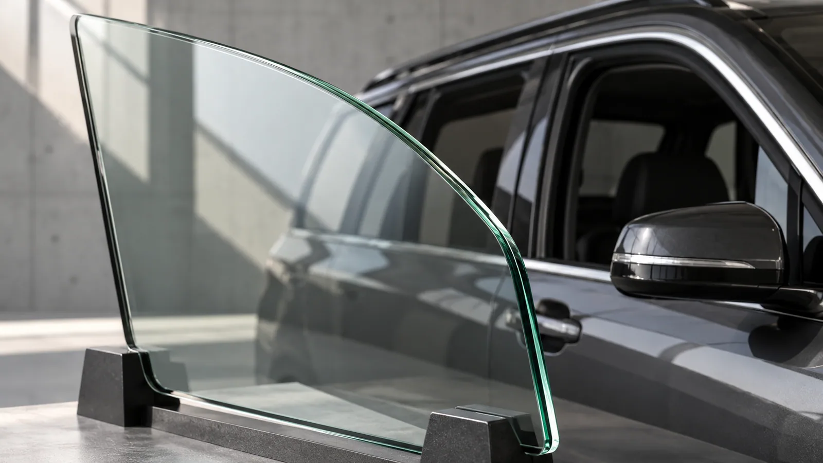 Illustration of an intact automotive glazing panel and its laminated edge