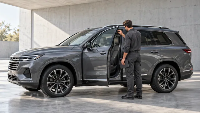 Illustration of a vehicle engineer assessing the door frame and passenger compartment