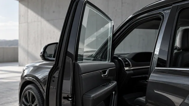 Illustration of a graphite vehicle’s open door and glazing detail