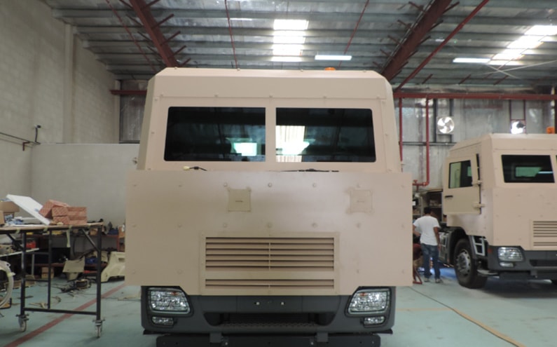 Armored Mercedes-Benz Actros cash transport front exterior view