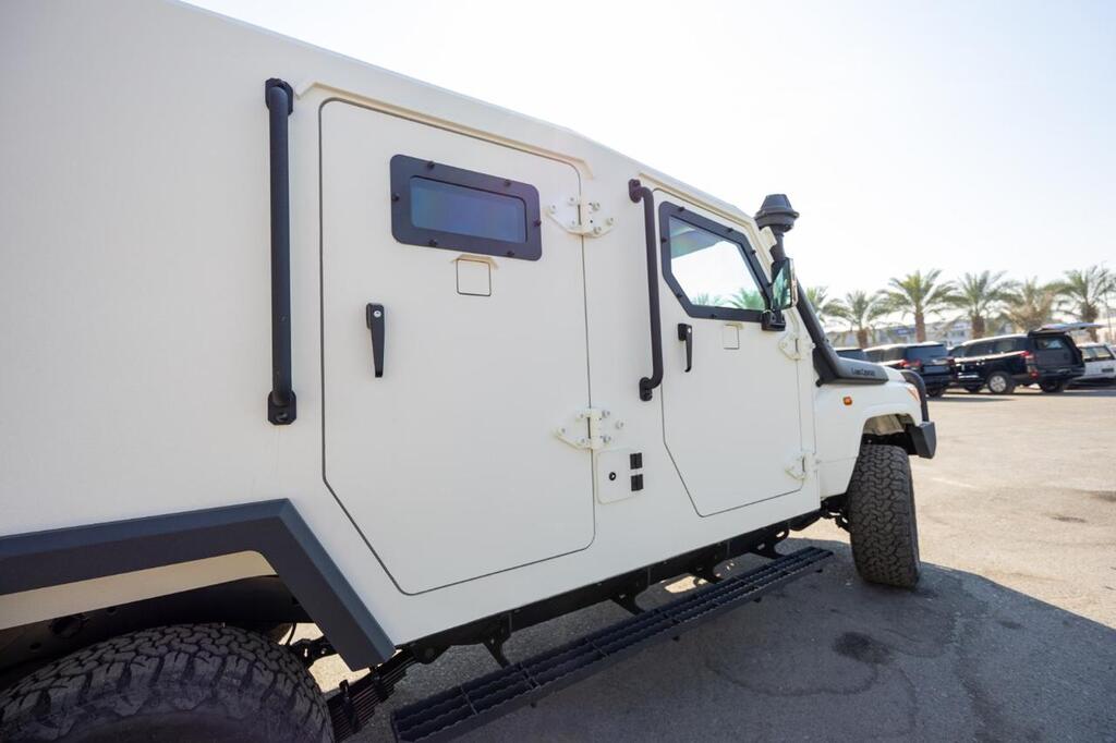 Close-up of reinforced doors and viewing port on LC79 armored personnel carrier