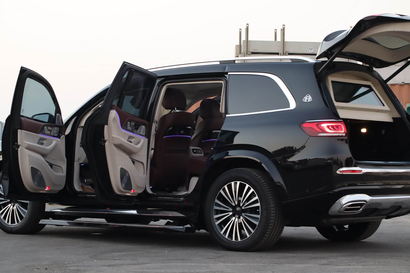 Mercedes Maybach GLS 600 armored luxury SUV left side doors and trunk open