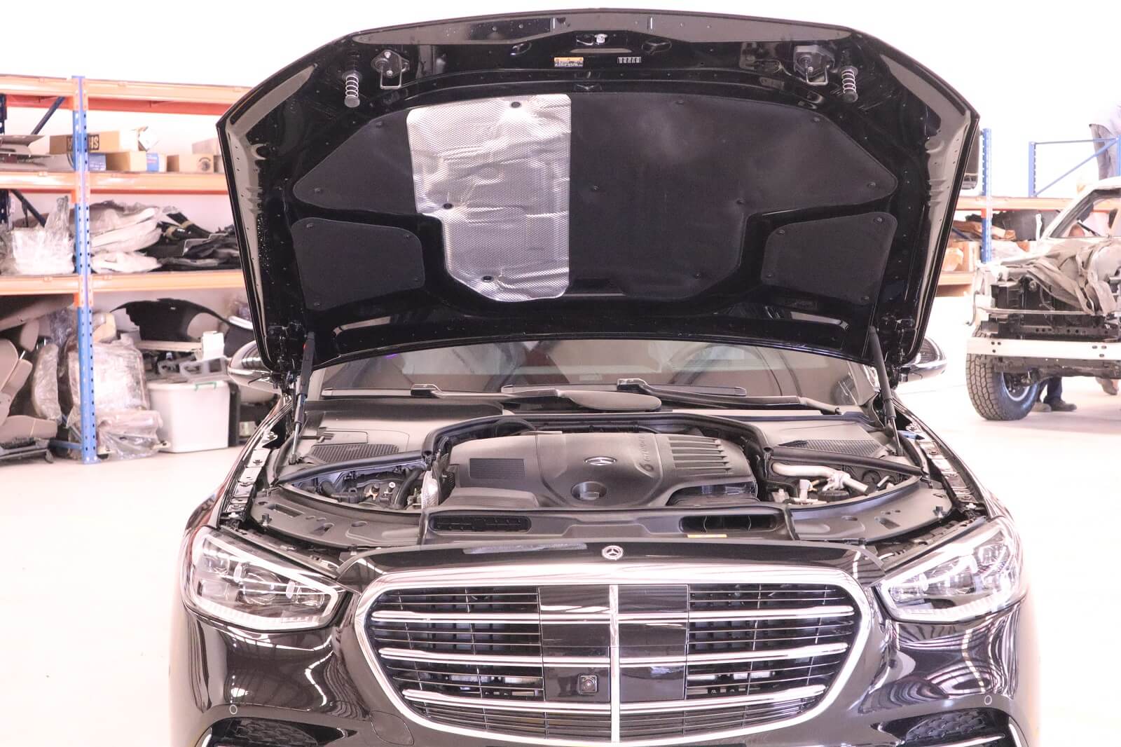 Mercedes-Benz S500 armored luxury sedan engine bay view