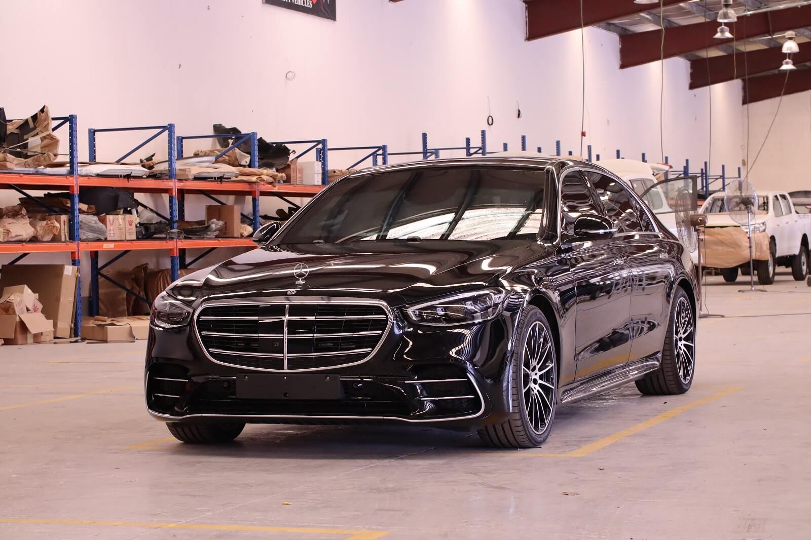 Armored Mercedes sedan viewed from the front