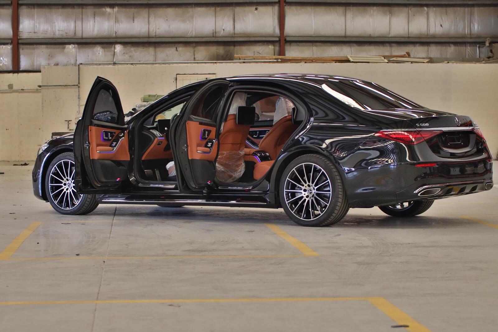 Mercedes-Benz S500 armored luxury sedan left side doors open view