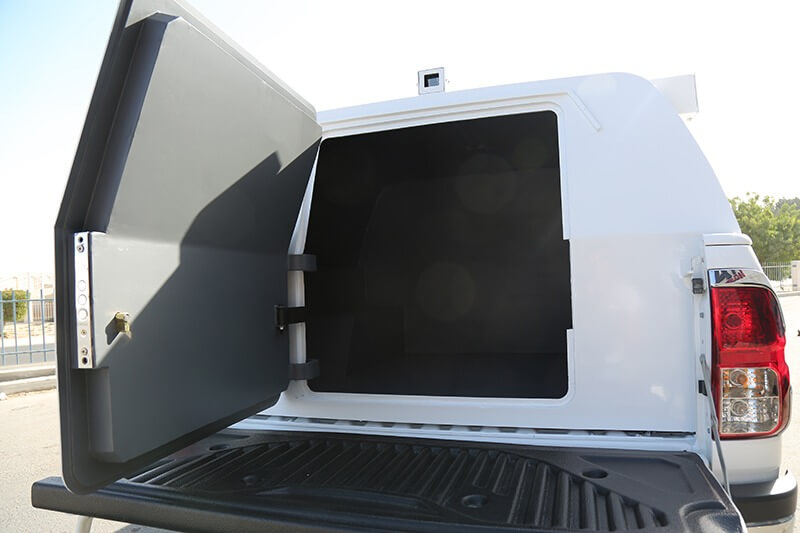Toyota Hilux cash-in-transit vehicle rear door armoring detail