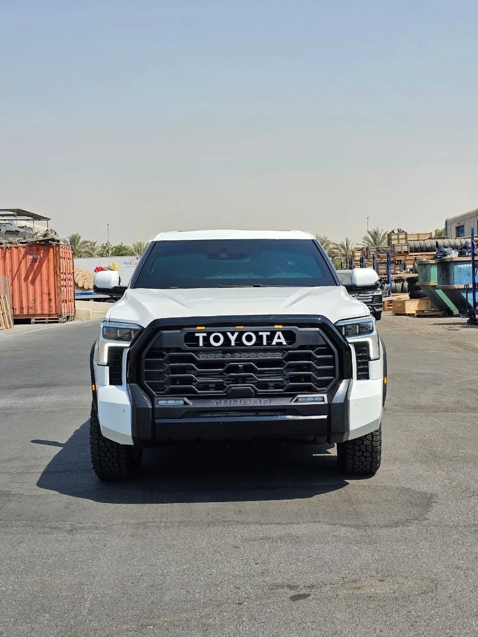 Front view of the white 2027 Toyota Tundra BR7 armored pickup
