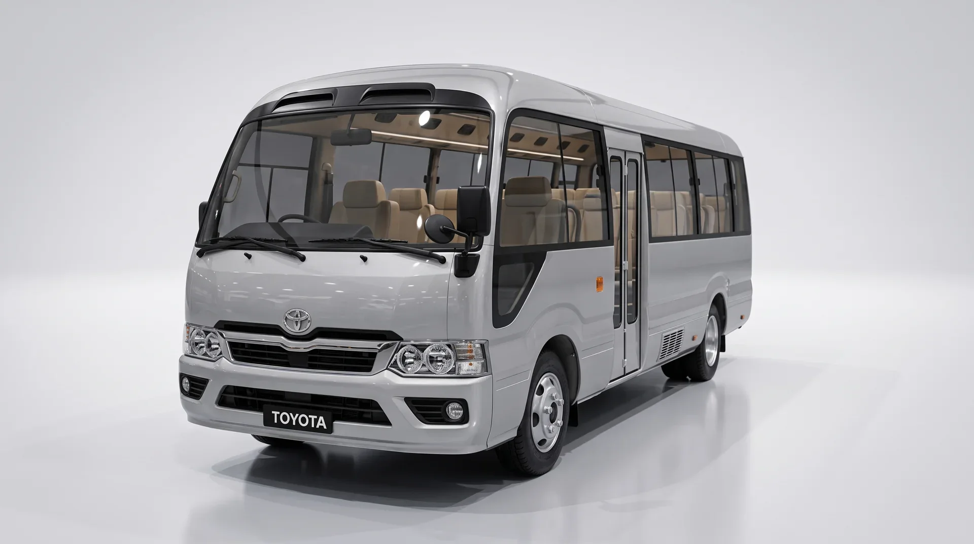 Armored Toyota Coaster passenger carrier front-left exterior view
